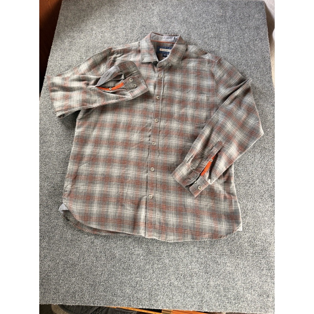 32 Bar Blues Shirt Mens Large Grey Red Plaid Flannel Button Down Long Sleeve L